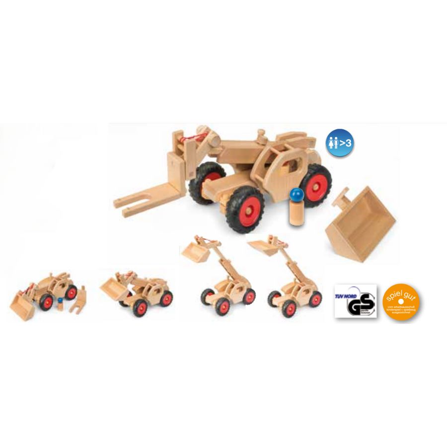Fagus Teleskoplader aus Holz – Lenkbares Baustellenfahrzeug mit Zubehör & 2 Figuren, ab 48 Monate
