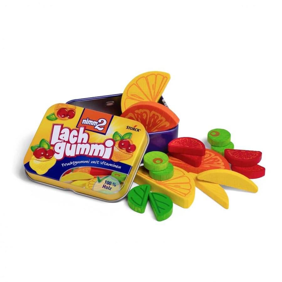 Erzi Kaufladenzubehör Erzi Holz-Lachgummi – 16-teilig in Dose ab 3 Jahre, für Kaufladen & Kinderküche