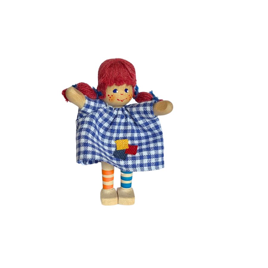 Puppenhaus Püppchen Mädchen mit Zöpfen, Haare rot - Pippi, Ringelsocken