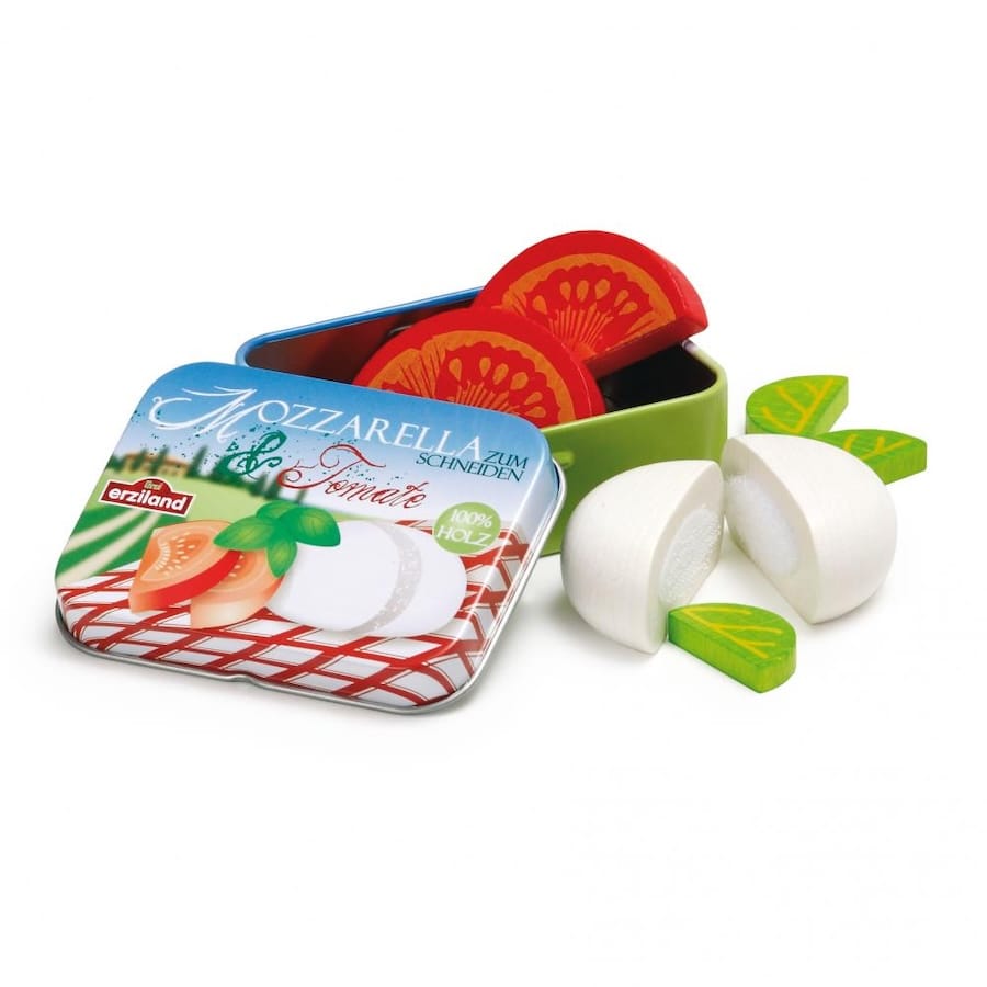 Erzi Einkaufsladen Erzi Mozzarella & Tomate in der Dose – Spiellebensmittel aus Holz für Kinderküche & Kaufladen, ab 3 Jahren