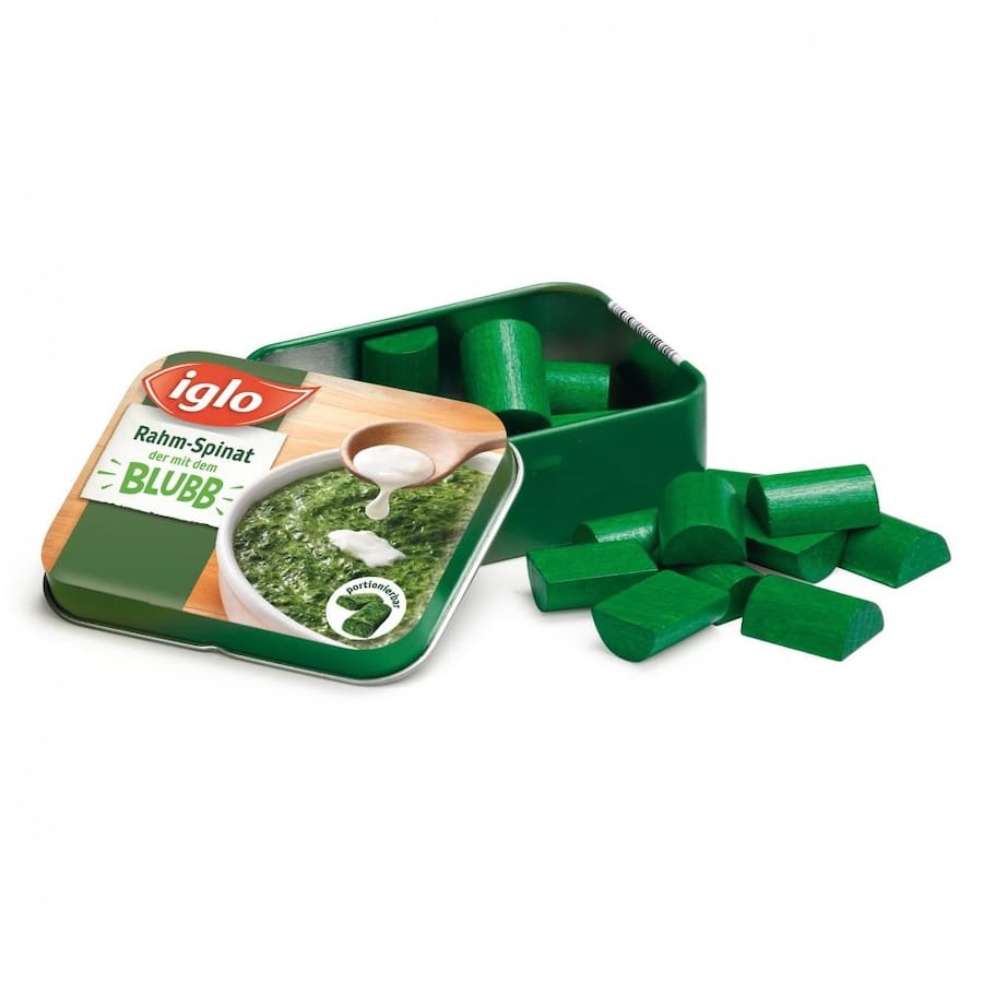 Erzi Einkaufsladen Erzi Spinat „Iglo“ aus Holz, in der Dose, für Kaufladen & Kinderküche, ab 3 Jahren