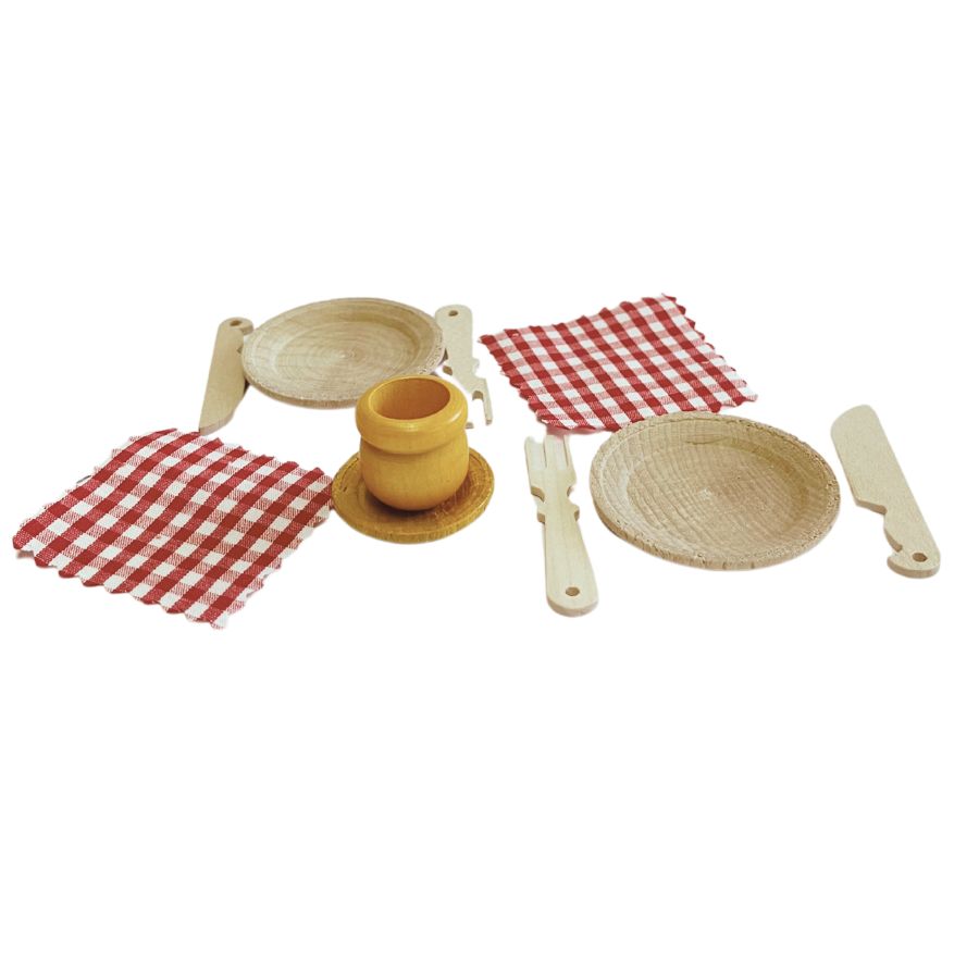 Rülke Teller & Besteck aus Holz – Puppenhauszubehör, ab 3 Jahre
