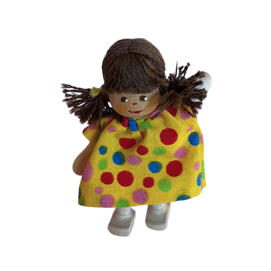 Annedore Krebs Puppen, Spielkombinationen & Spielzeugfiguren Puppenhaus Püppchen Mädchen mit braunen Haaren und Zöpfchen, Punktekleidchen