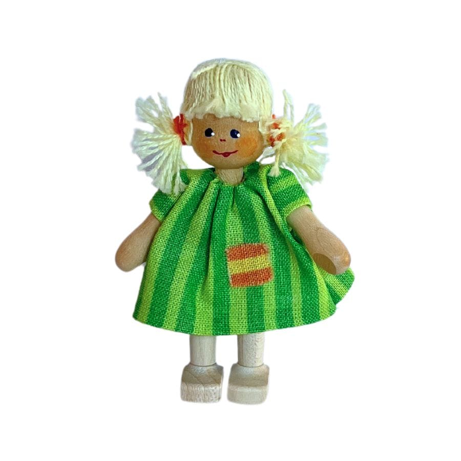 Annedore Krebs Puppen, Spielkombinationen & Spielzeugfiguren Puppenhaus Püppchen Mädchen blond mit Zöpfchen und gestreiftem Kleidchen