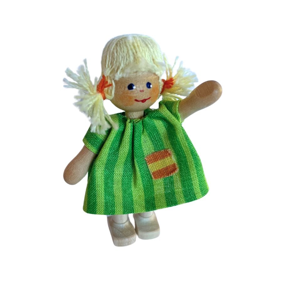 Annedore Krebs Puppen, Spielkombinationen & Spielzeugfiguren Puppenhaus Püppchen Mädchen blond mit Zöpfchen und gestreiftem Kleidchen