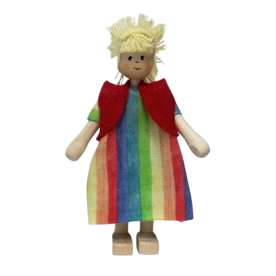 Mutter Kleid bunt, rotes Jäckchen, Haare blond