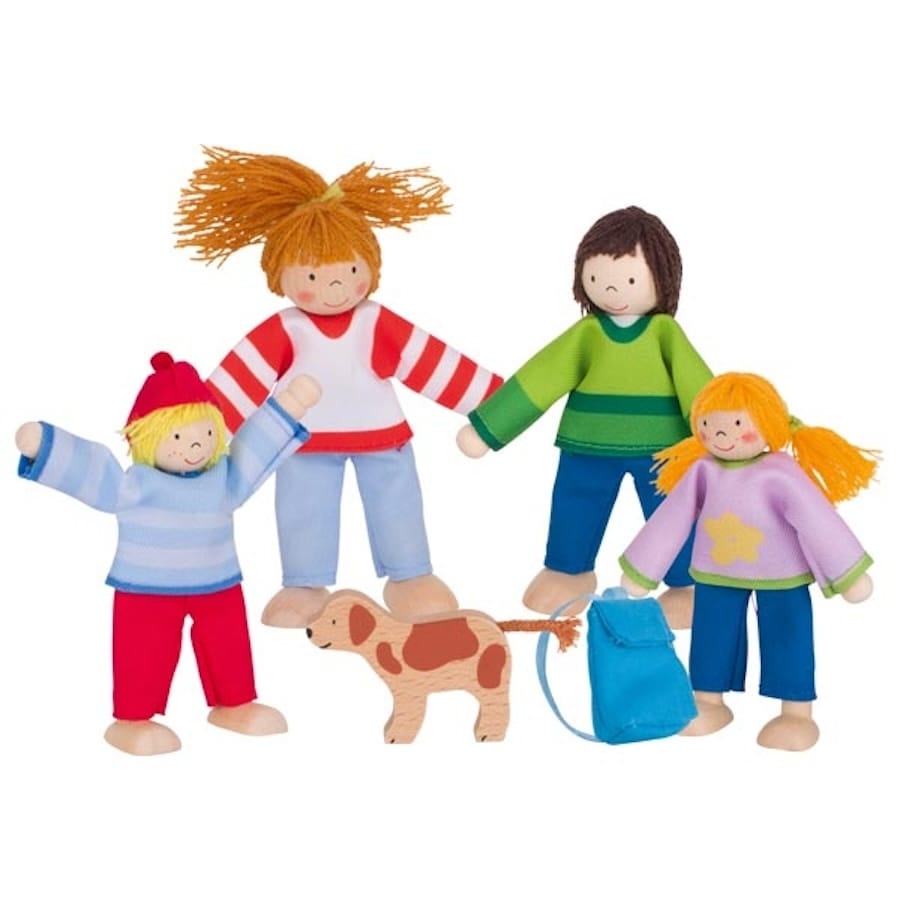 Goki Puppenhaus-Zubehör goki Biegepuppen-Familie mit Hund – 5-teiliges Holzpuppen-Set fürs Puppenhaus, ab 3 Jahre