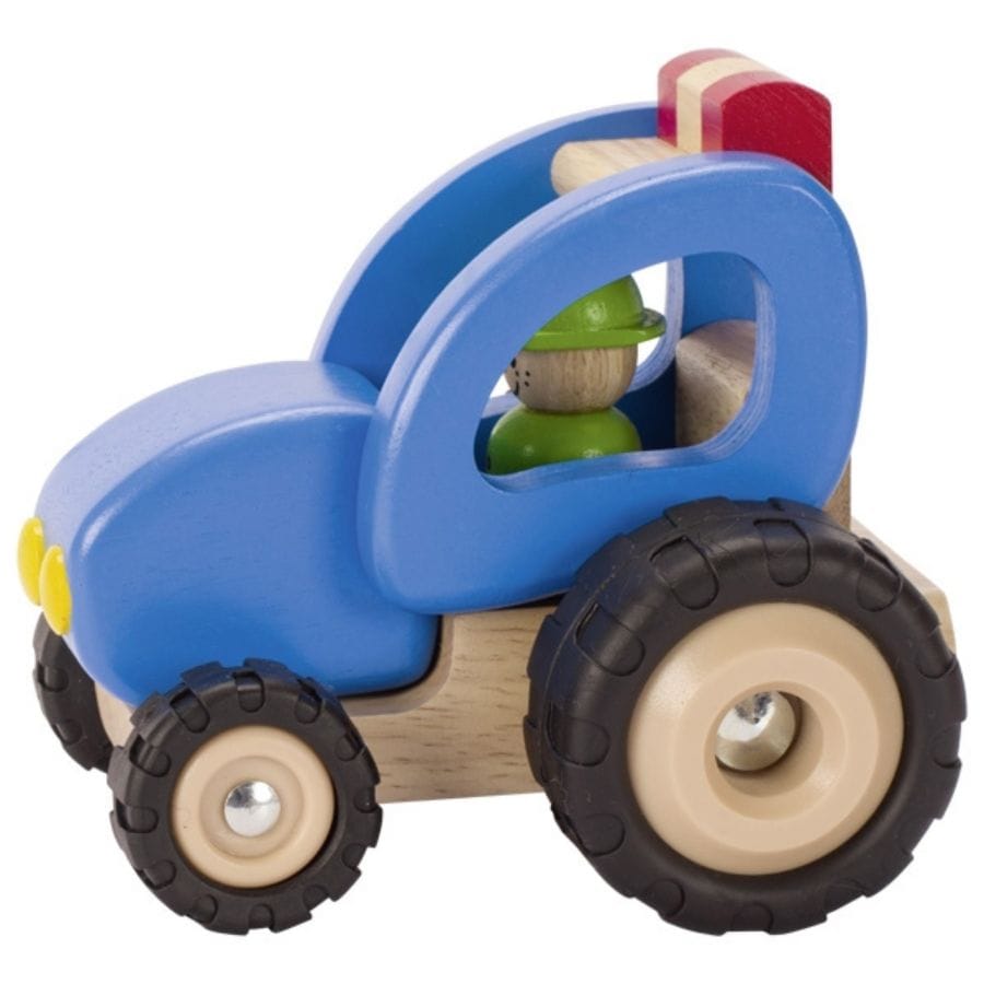 Goki Holzfahrzeuge Goki Blauer Holz-Traktor mit Gummibereifung – robustes Fahrzeug ab 2 Jahren
