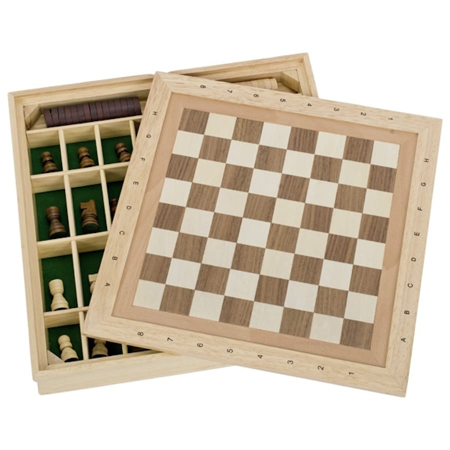 Goki Gesellschaftsspiel Goki Spiele-Set Schach, Dame und Mühle aus Holz, Spielesammlung ab 7 Jahre