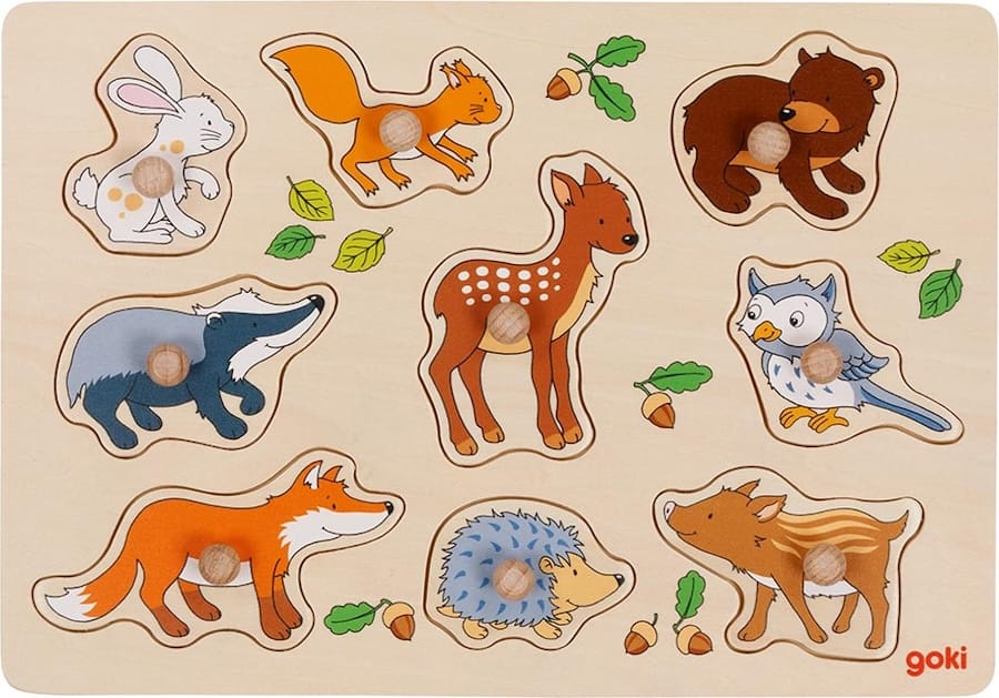 Goki Holzsteckpuzzle Goki Holz-Steckpuzzle Waldtiere mit großen Knöpfen, ab 1 Jahr, 9 Teile