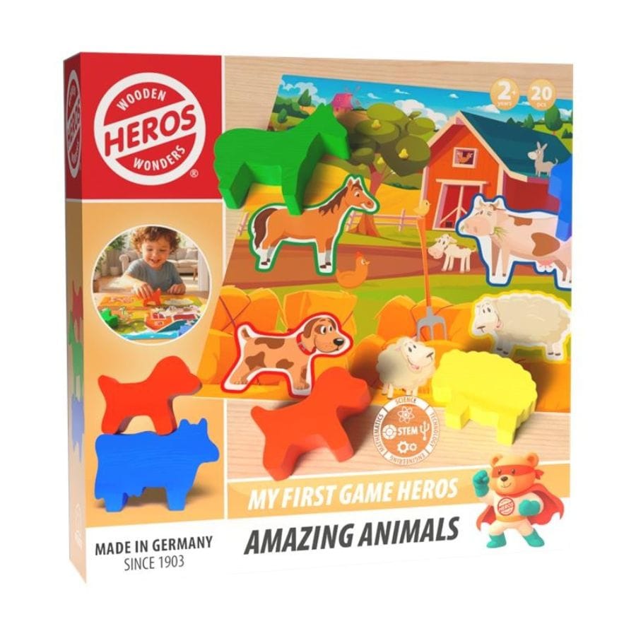 HEROS Lernspielzeug Heros Amazing Animals – Erstes Brettspiel mit 16 Holztiere für Kinder ab 2 Jahren
