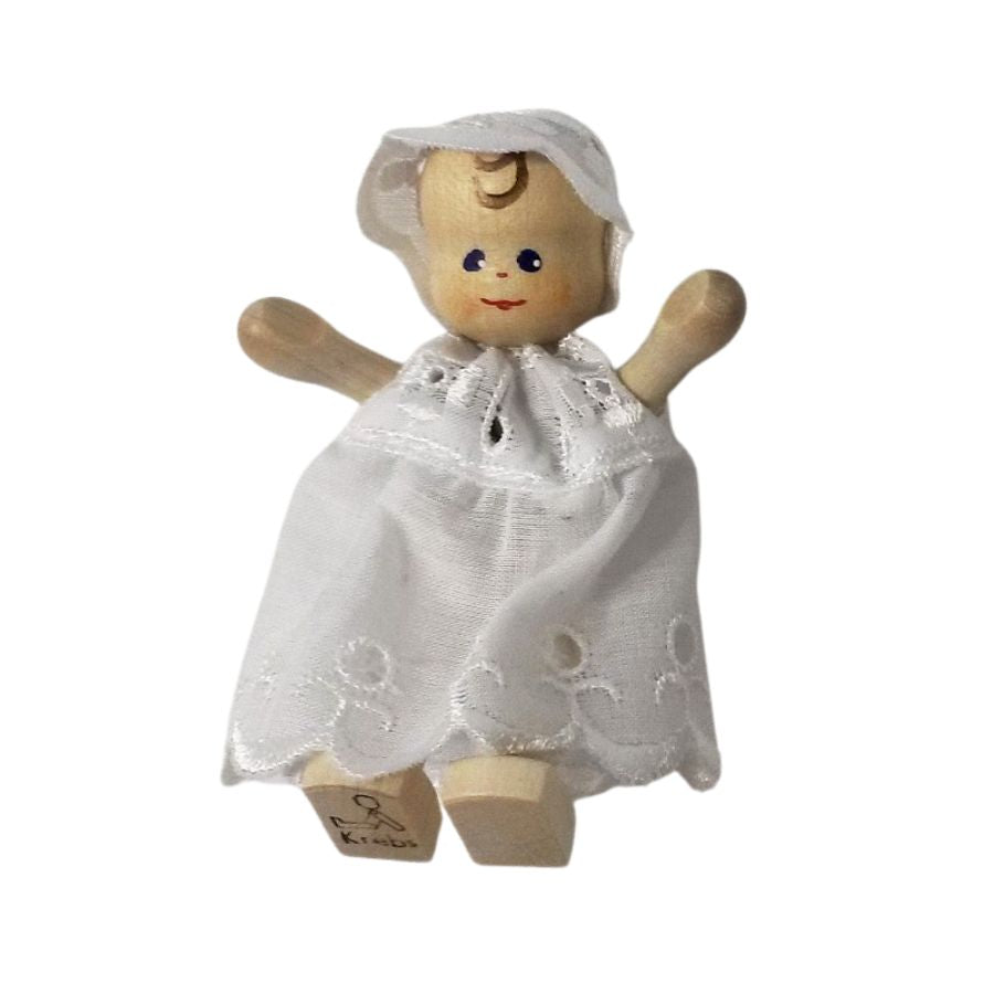 Annedore Krebs Baby-Püppchen, weißes Kleid – Holzfigur Erzgebirge ab 3 Jahre
