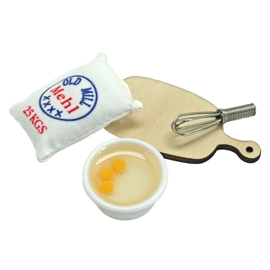 Tanner Wichtel Bäckerei-Set 4-teilig: Mehlpäckchen, Holzbrett, Rührbesen und Schüssel mit Eiern – Miniatur-Backzubehör für die Wichtelwelt