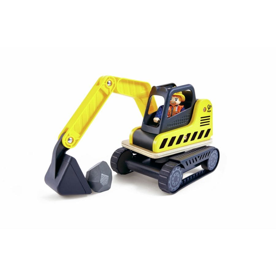 Hape Holzfahrzeug Hape Bagger – 3-teiliges Baustellen-Spielzeug aus Holz ab 2 Jahren