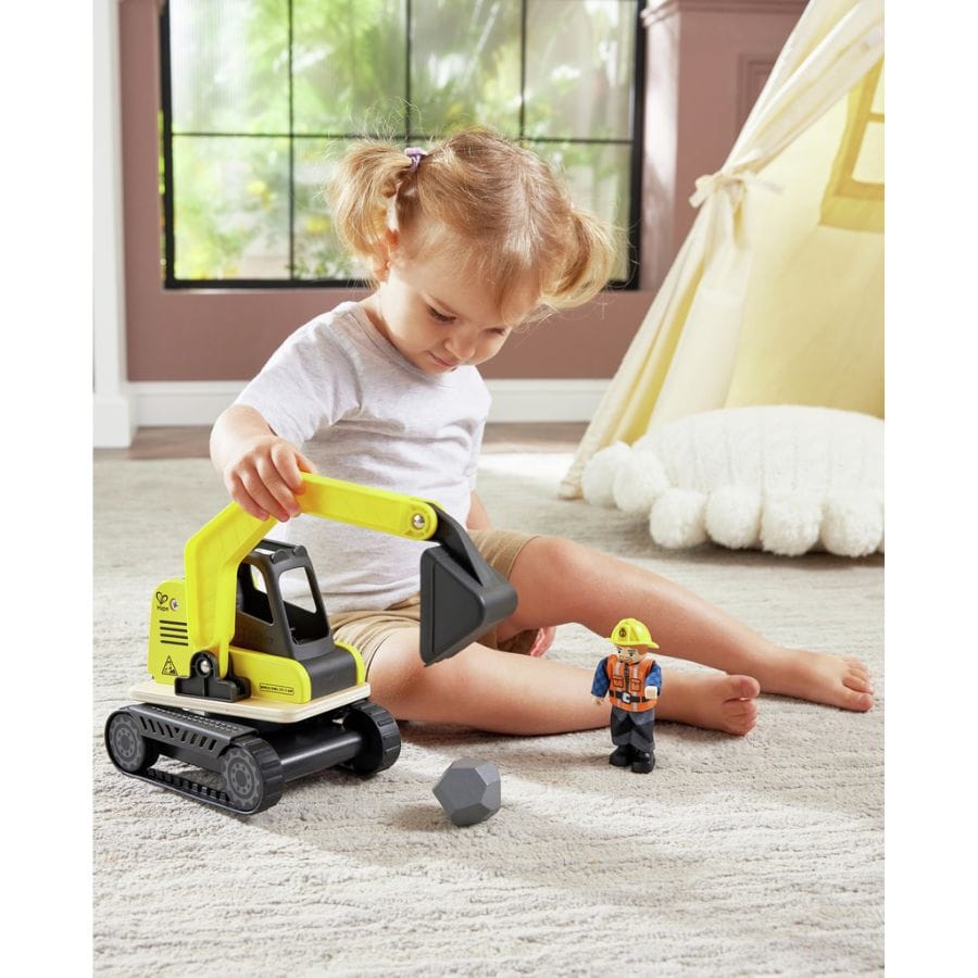 Hape Holzfahrzeug Hape Bagger – 3-teiliges Baustellen-Spielzeug aus Holz ab 2 Jahren