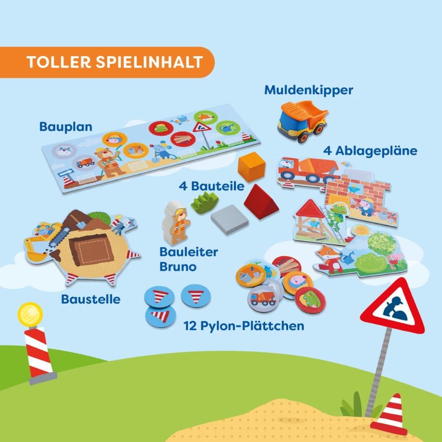 HABA Baustelle Spielinhalt – Bauplan, Muldenkipper, Bauleiter Bruno, 4 Holzbauteile, 12 Pylon-Plättchen und Ablagepläne