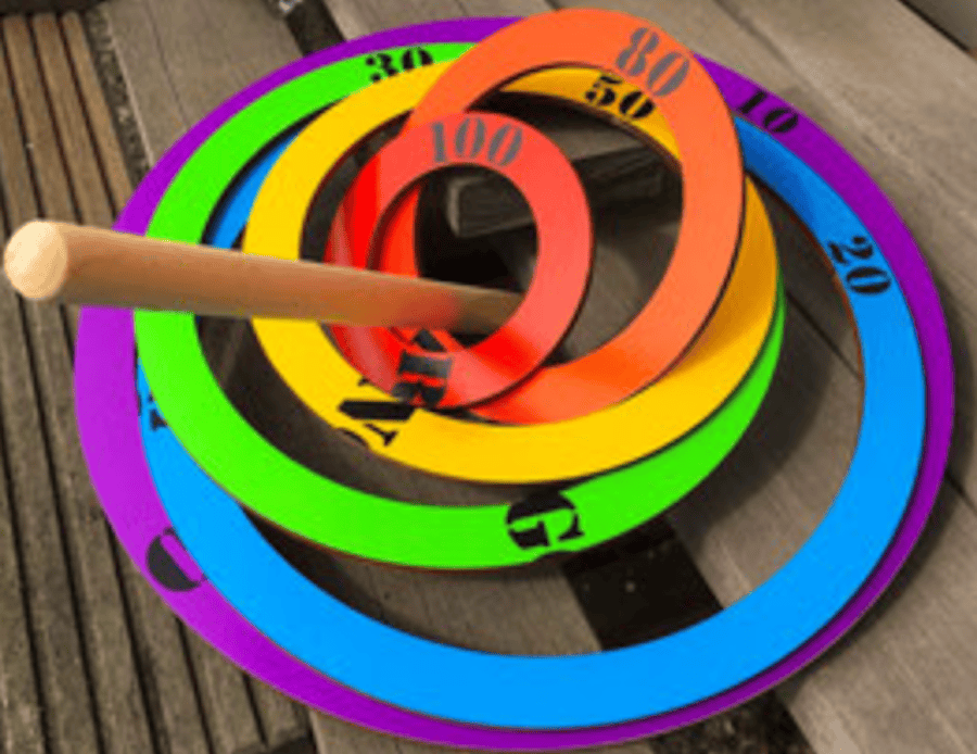 Jamso Design Geschicklichkeitsspiele Jamso Holz-Regenbogen-Wurfspiel RingGo, mit 6 farbigen Holzringen, ab 4 Jahre