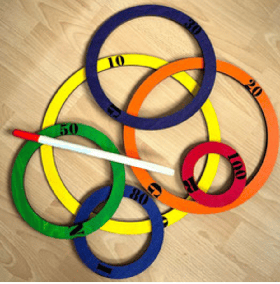 Jamso Design Geschicklichkeitsspiele Jamso Holz-Regenbogen-Wurfspiel RingGo, mit 6 farbigen Holzringen, ab 4 Jahre