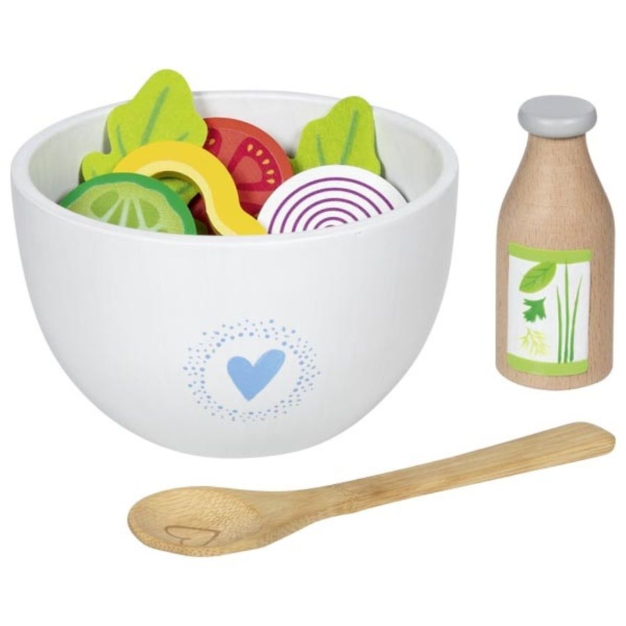 Goki Salat-Set „Vitalbowl“ – 24-teiliges Holz- & Filz-Spiellebensmittel für Kinderküche ab 3 Jahren