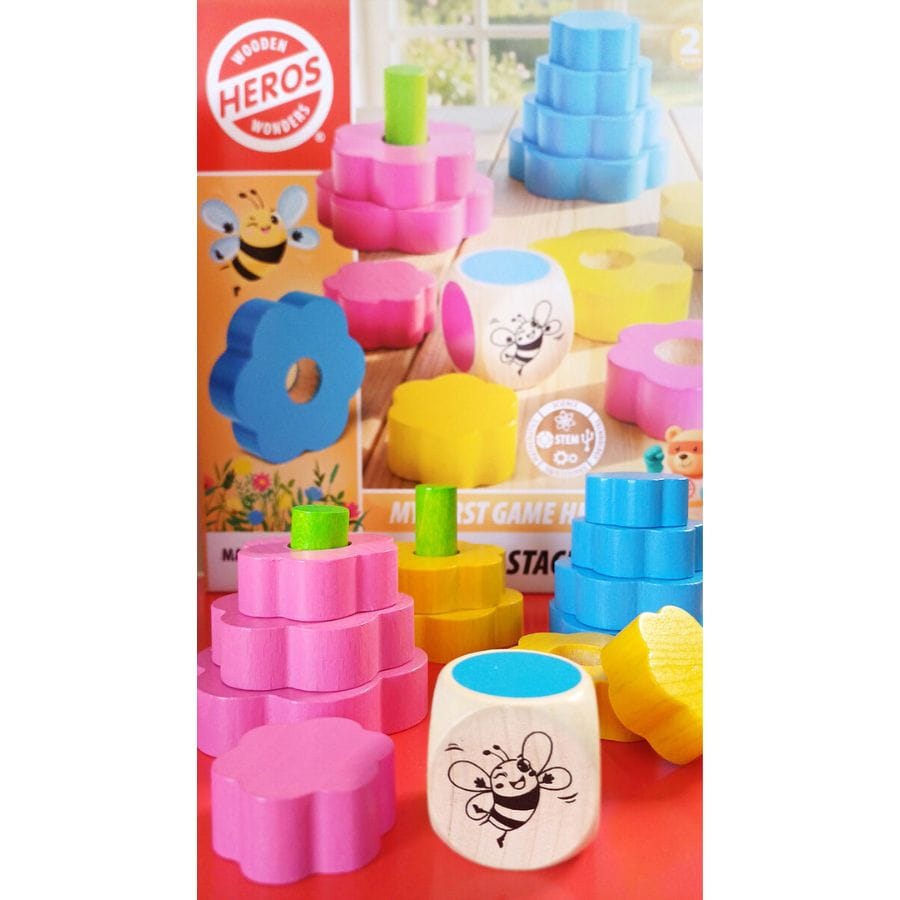 HEROS Geschicklichkeitsspiele Heros Busy Bee Stacking Garden – Farbiges Stapelspiel aus Holz für Kinder ab 2 Jahren