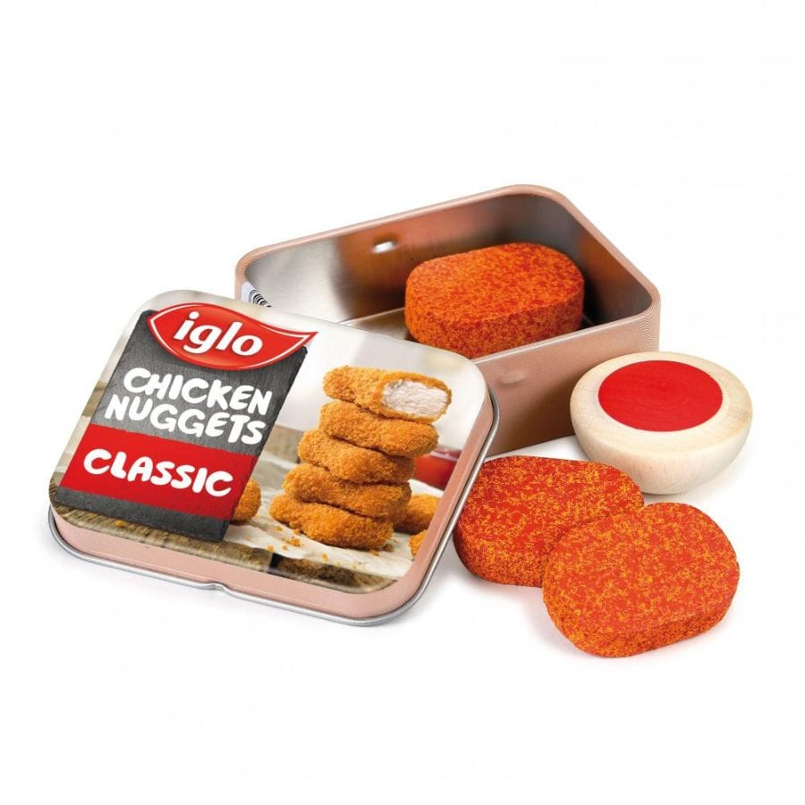 Erzi Spielzeuglebensmittel Erzi Chicken Nuggets aus Holz mit Tomaten-Dip – Iglo Spiellebensmittel, ab 3 Jahre