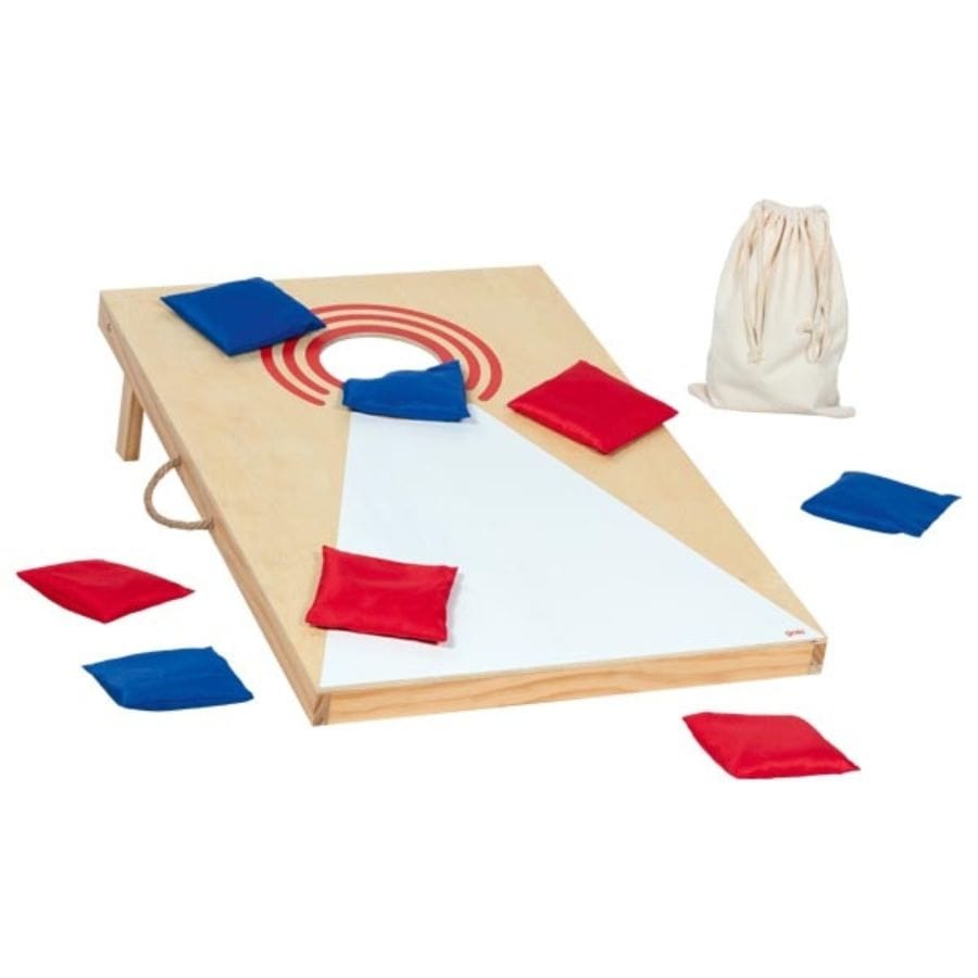 Goki Gesellschaftsspiel Goki Cornhole – Outdoor Wurfspiel aus Holz mit 8 Säckchen, faltbar, ideal für Garten & Park, ab 5 Jahre