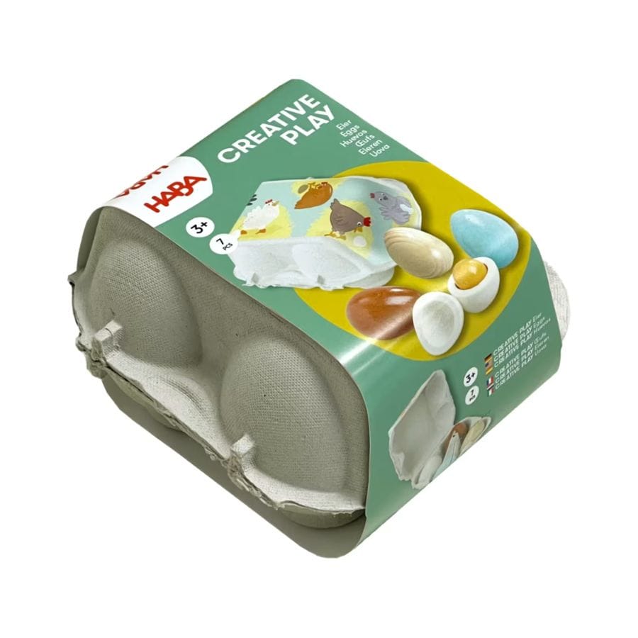 HABA Kaufladenzubehör HABA Creative Play Eier aus Holz – 4 Holzeier im Eierkarton – Spielküche & Kaufladen