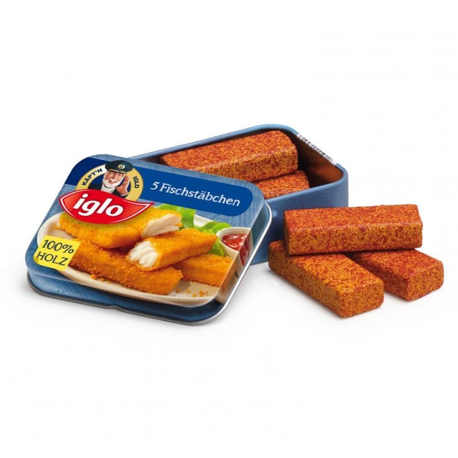 Erzi Spielzeuglebensmittel Erzi Holz-Fischstäbchen Iglo Dose aus Holz ab 3 Jahren – Kaufladen & Kinderküche Zubehör