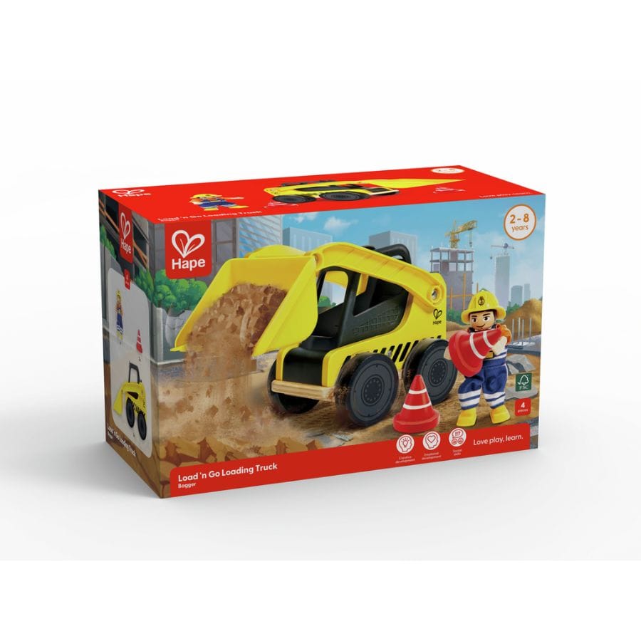 Hape Holzfahrzeug Hape Frontlader – 4-teiliges Baustellen-Spielzeug aus Holz ab 2 Jahren