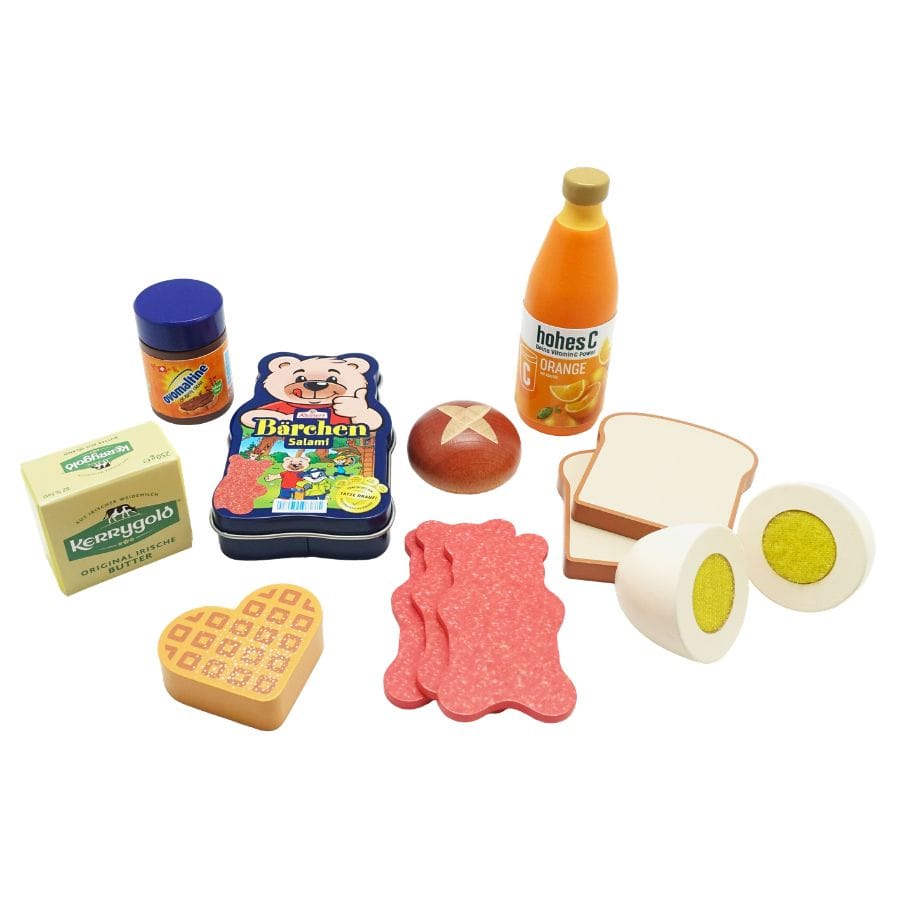 Tanner Kaufladenzubehör Großes Frühstücksset, 13-teiliges Set aus Holz für Kinderküche und Kaufladen ab 2 Jahren