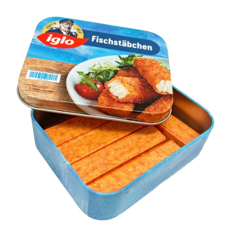 Tanner Kaufladenzubehör Tanner Iglo Fischstäbchen aus Holz – Metalldose für Kaufladen & Spielküche, 5-teilig, ab 3 Jahre