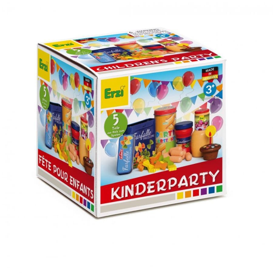 Erzi Spielzeuglebensmittel Erzi Holzspielset „Kinderparty“ – Bunte Essenssortierung für Kaufladen & Kinderküche ab 3 Jahre