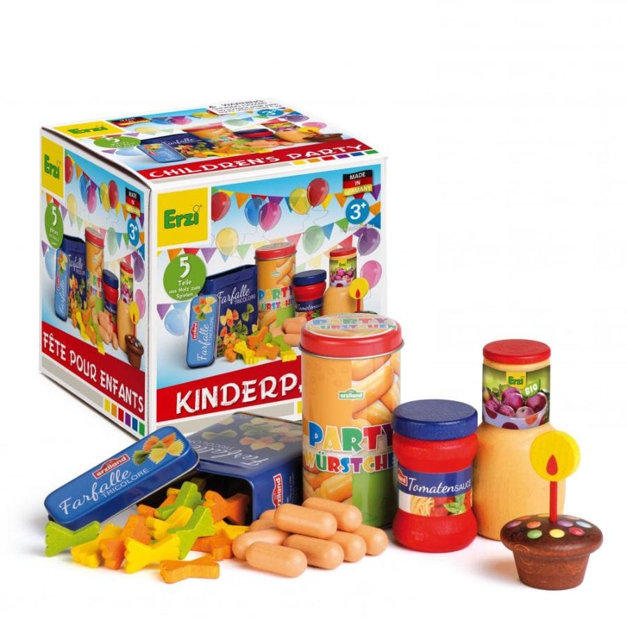Erzi Spielzeuglebensmittel Erzi Holzspielset „Kinderparty“ – Bunte Essenssortierung für Kaufladen & Kinderküche ab 3 Jahre