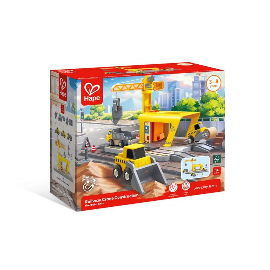 Hape Züge & Eisenbahnsets Hape Eisenbahn-Kran-Set – 14-teiliges Baustellen-Spielzeug mit Kran & Fahrzeugen ab 3 Jahren