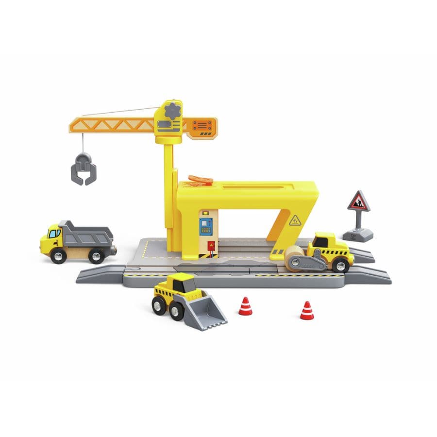 Hape Züge & Eisenbahnsets Hape Eisenbahn-Kran-Set – 14-teiliges Baustellen-Spielzeug mit Kran & Fahrzeugen ab 3 Jahren