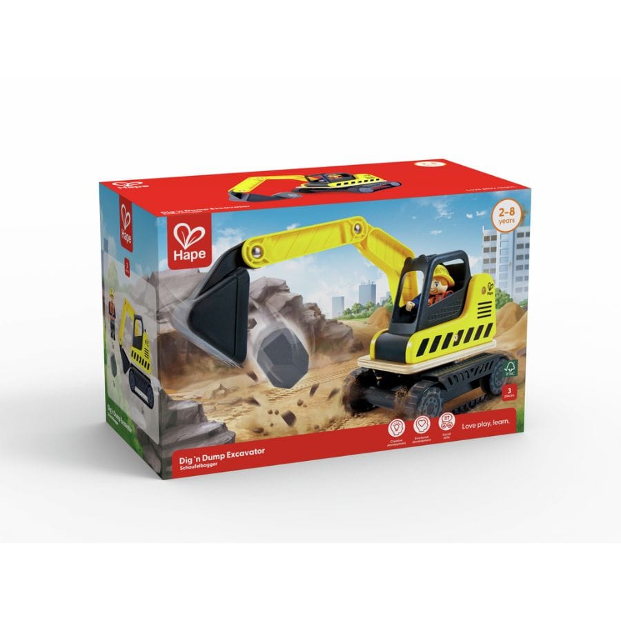Hape Holzfahrzeug Hape Bagger – 3-teiliges Baustellen-Spielzeug aus Holz ab 2 Jahren