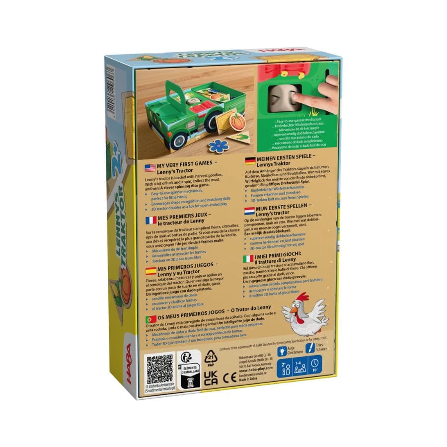 Rückseite der Spielschachtel HABA Lennys Traktor mit mehrsprachiger Spielbeschreibung und 3D-Traktor-Abbildung
