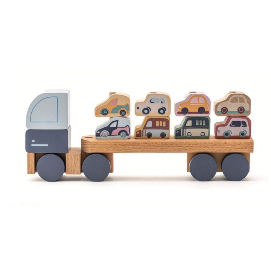 Cubika Holzfahrzeug Cubika Holz-LKW mit Anhänger & 8 Autos – Spielzeug ab 18 Monaten