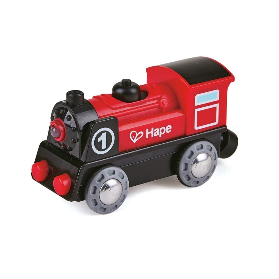 Hape Züge & Eisenbahnsets Hape Batteriebetriebene Lokomotive Nr. 1 – Holzeisenbahn Zubehör mit Licht & Rückwärtsgang, ab 3 Jahren