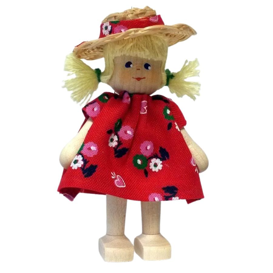 Annedore Krebs Puppenhaus-Zubehör Annedore Krebs Püppchen Mädchen blond, rotes Kleid – ab 3 Jahren
