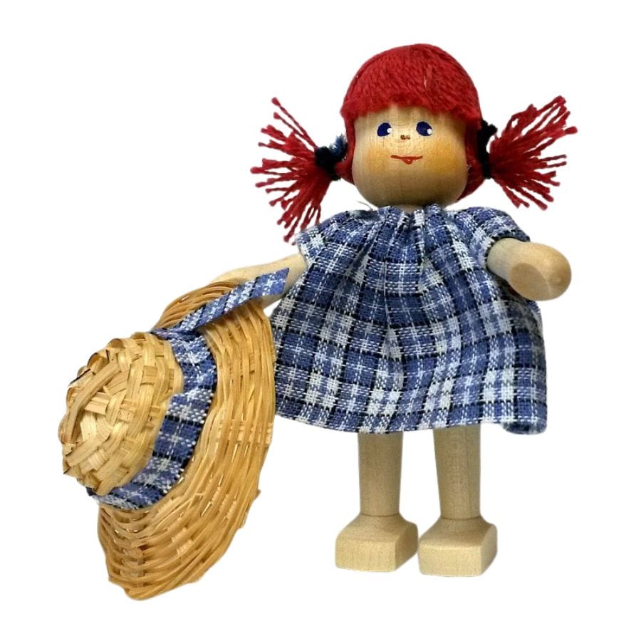 Annedore Krebs Puppenhaus-Zubehör Annedore Krebs Püppchen Mädchen mit Hut & Zöpfen – handgefertigte Holzfigur ab 3 Jahre