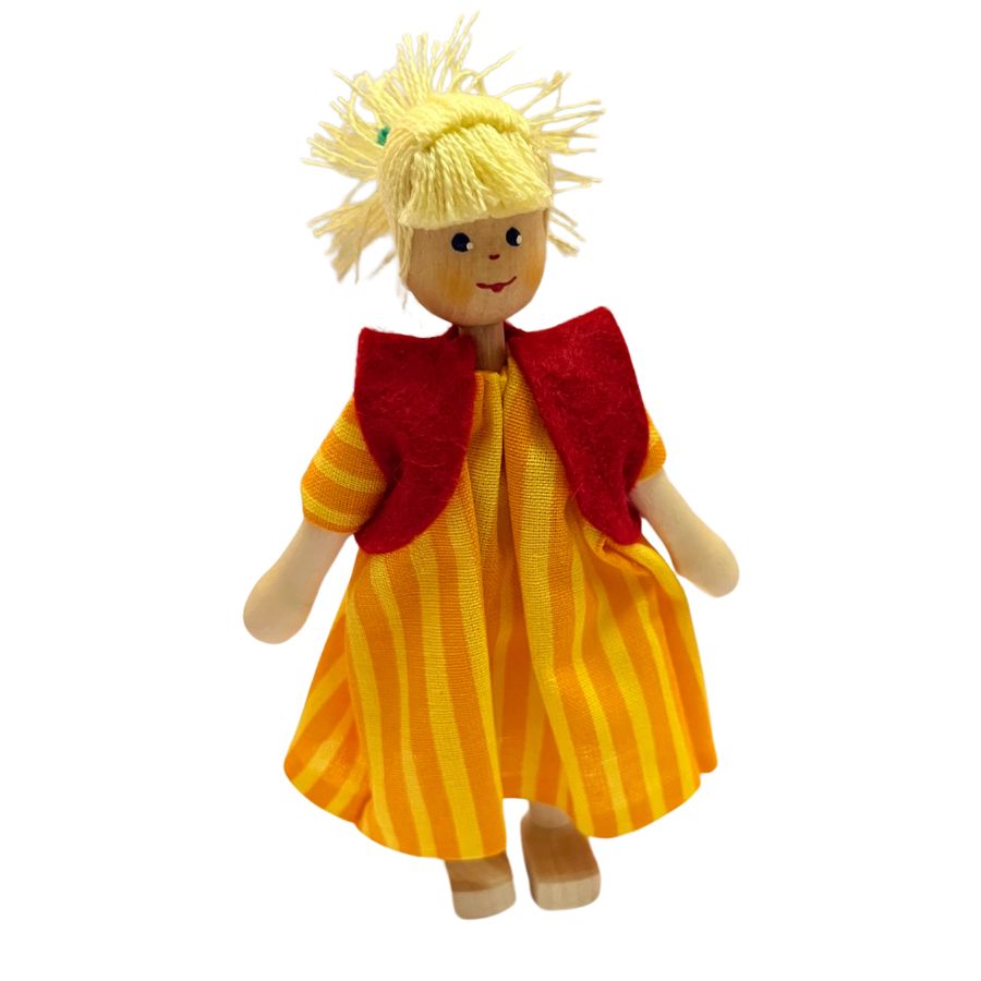 Mutter Kleid gelb / rotes Jäckchen, Haare blond