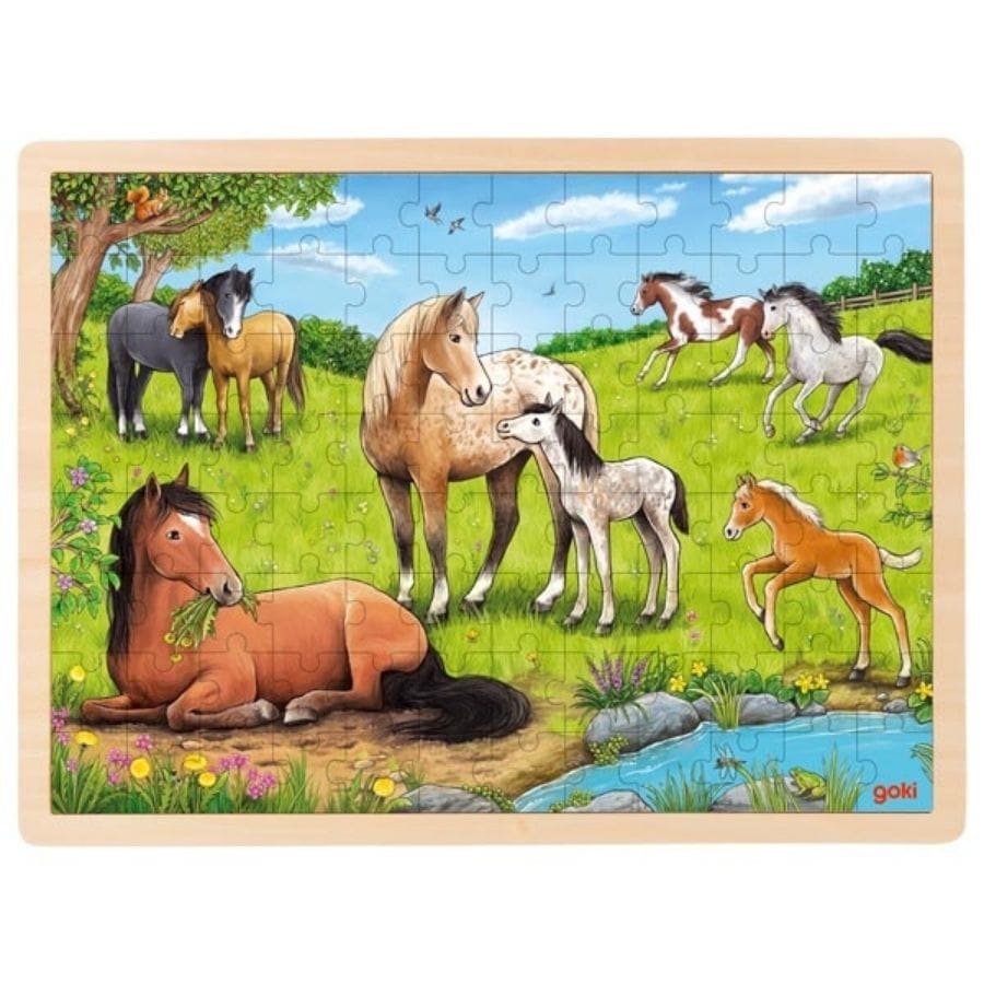 Goki Puzzle Einlegepuzzle Sommer auf der Pferdewiese – Holzpuzzle mit 96 Teilen, ab 5 Jahre