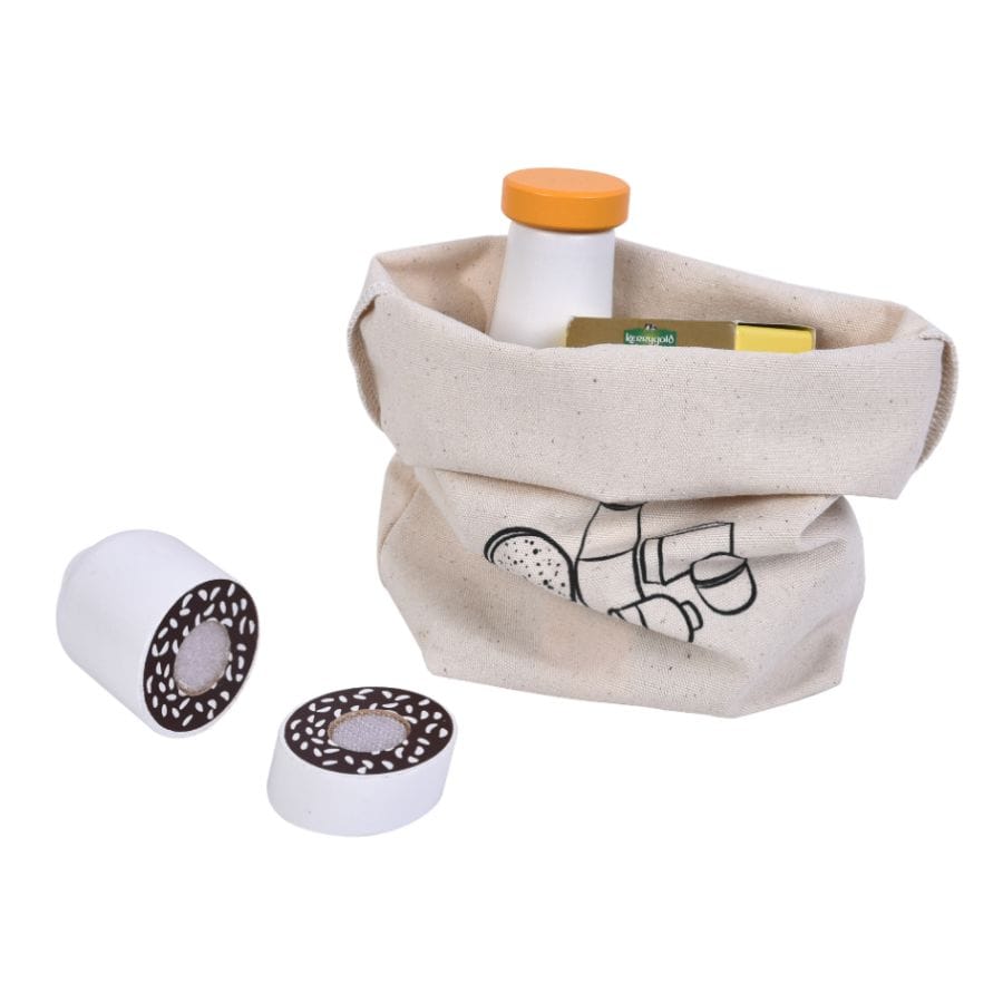 Tanner Spielzeuglebensmittel Tanner Picknick-Set aus Holz mit 6 Lebensmitteln & Baumwollsäckchen – Kaufladen & Rollenspiel, ab 18 Monaten