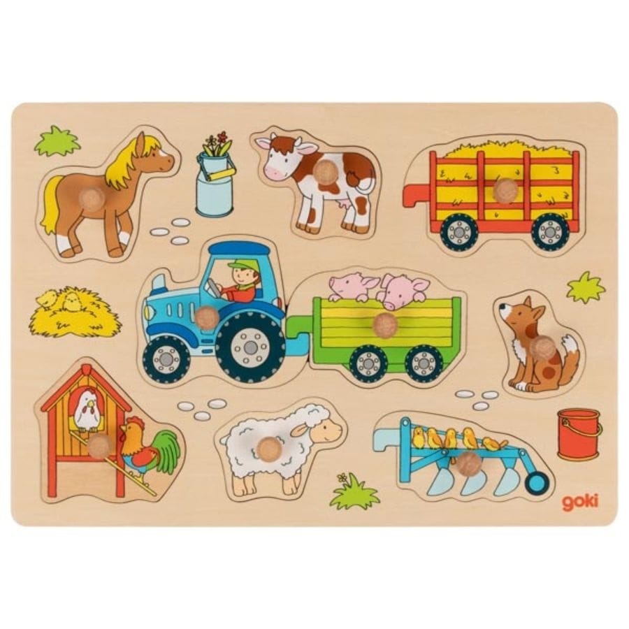 Goki Holzsteckpuzzle Steckpuzzle Traktor mit Anhängern