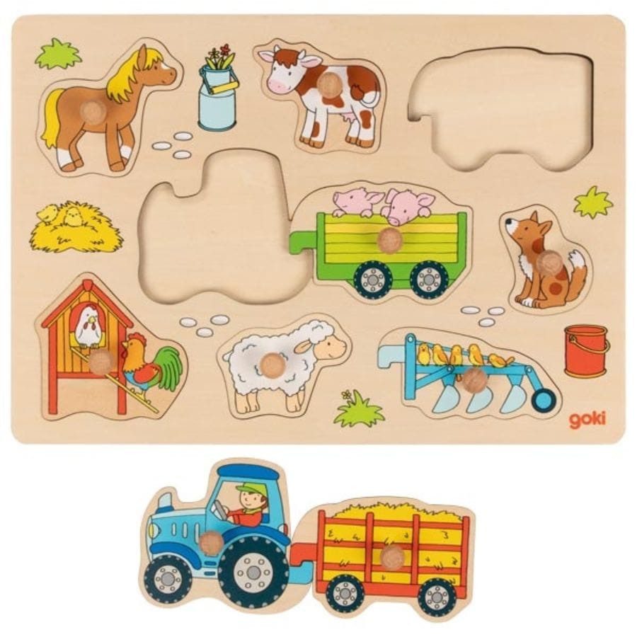 Goki Holzsteckpuzzle Steckpuzzle Traktor mit Anhängern