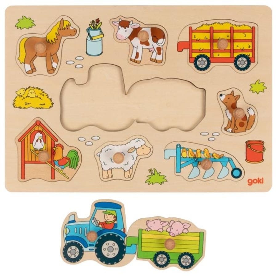 Goki Holzsteckpuzzle Steckpuzzle Traktor mit Anhängern