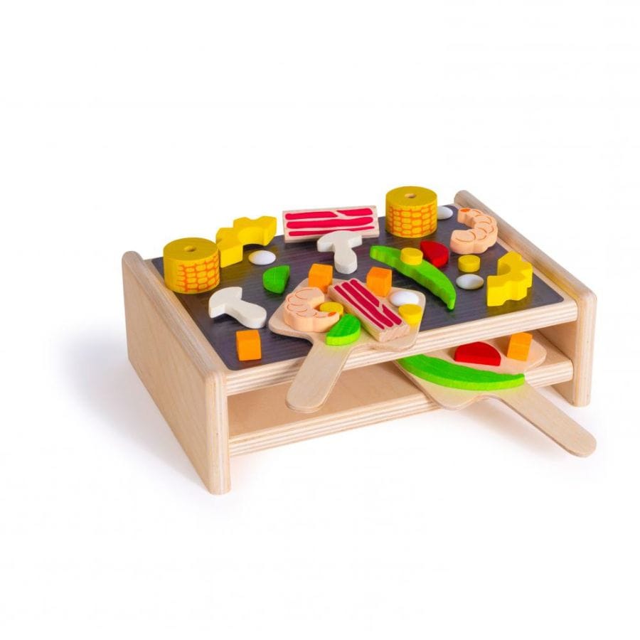 Erzi Spielzeuglebensmittel Erzi Raclette aus Holz für die Kinderküche – 31 Teile, ab 3 Jahren