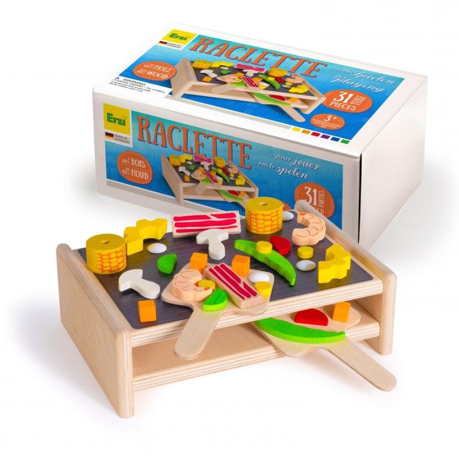 Erzi Spielzeuglebensmittel Erzi Raclette aus Holz für die Kinderküche – 31 Teile, ab 3 Jahren