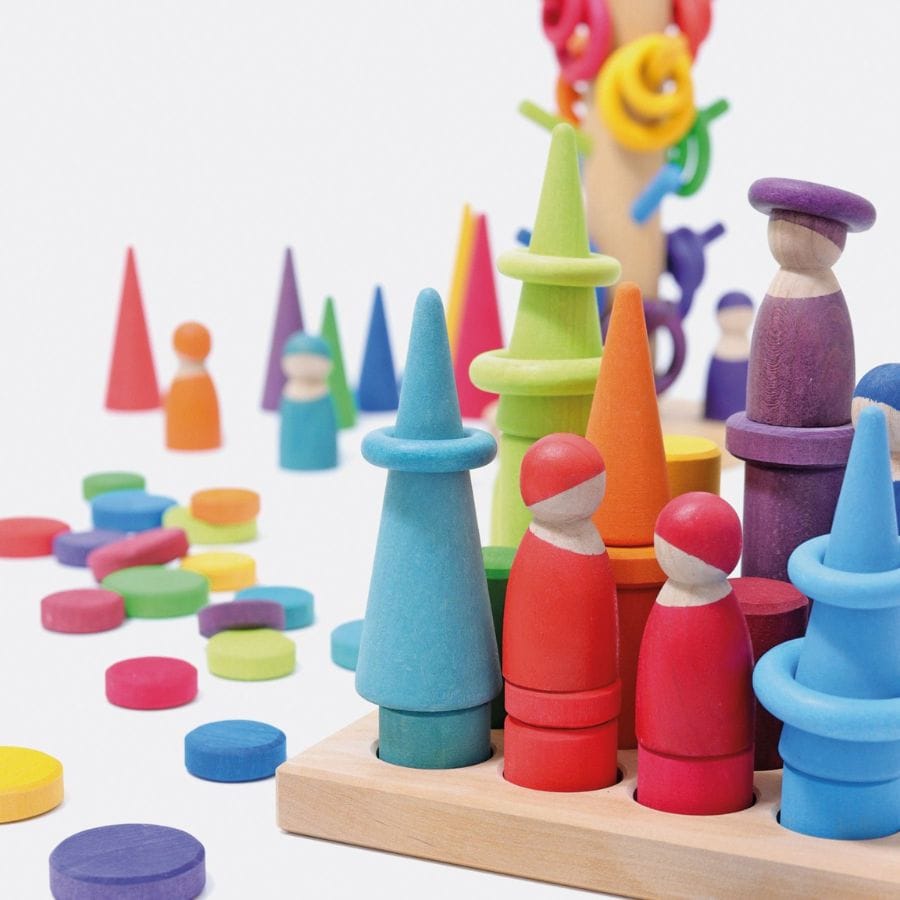 GRIMM'S Sortier-, Stapel- & Steckspielzeug Grimm’s Steck-Walzen Set – 12-teilig, ab 3 Jahre – Motorik, Farben & Bauen